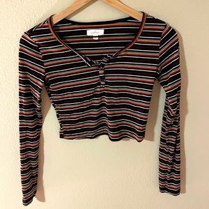 Long Sleeve Cropped Rainbow Striped Button Up Shirt